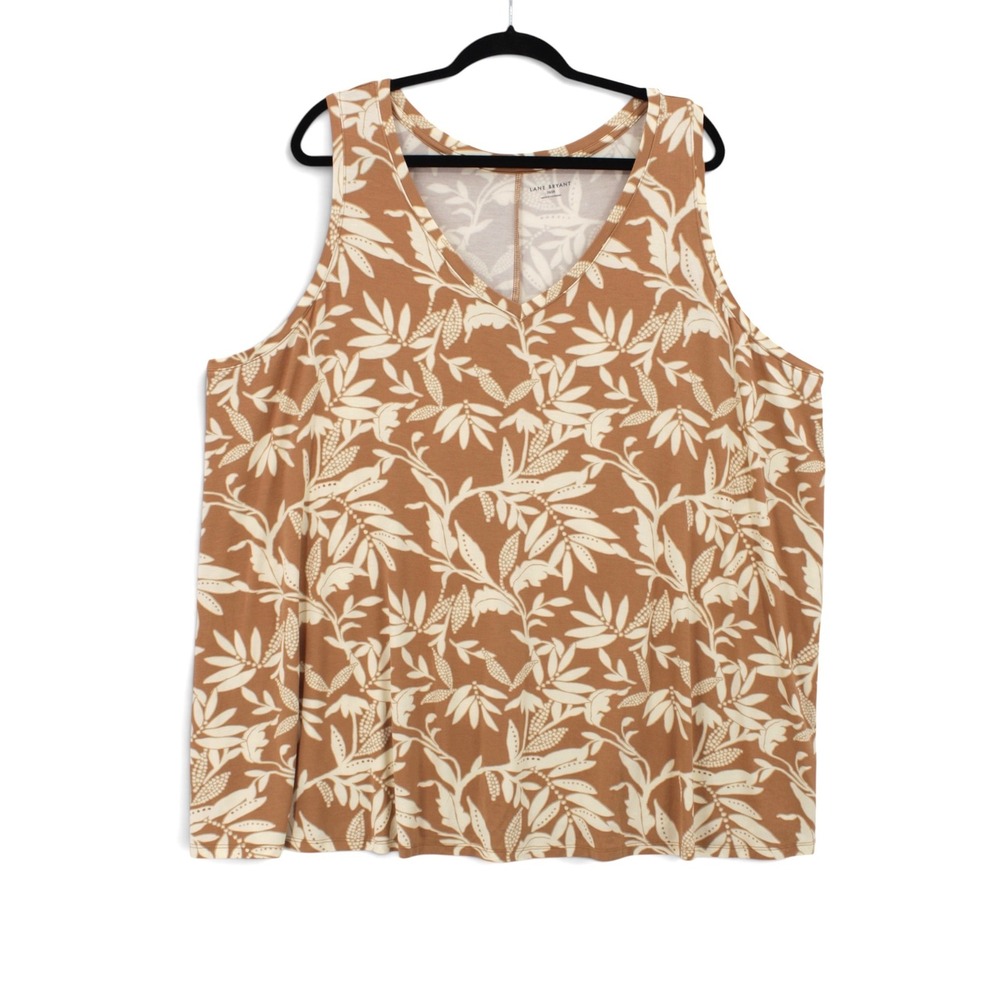 Lane Bryant Tank Top Womens 26/28 Brown Cream Botanical Leaf V-Neck Plus Size